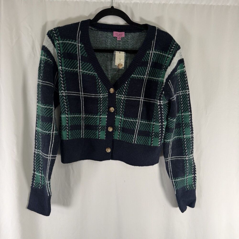 New Miami Francesca's Sweater Women's Small Green Plaid Knit Button Front Short
